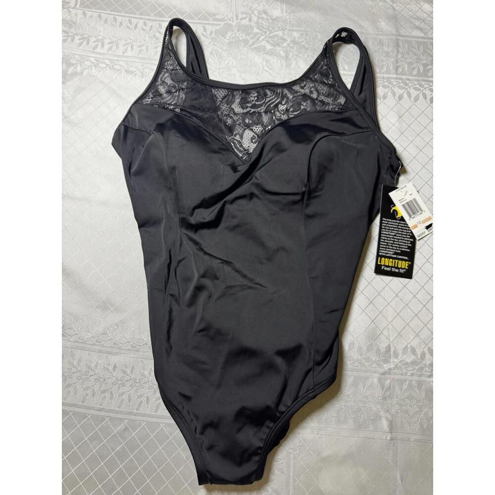 Black Lace Summer Goth Swimsuit Longitude Size 12 NWT Beach Pool One Piece
